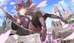 Rule 34 | 1girl, boots, cherry blossoms, female focus, flying, gloves, grey hair, hat, long hair, original, pantyhose, red eyes, ribbon, saraki, shorts, skirt, sky, solo, twintails
