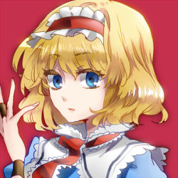 Rule 34 | 1girl, alice margatroid, arm up, blonde hair, blue eyes, capelet, female focus, fingernails, hairband, looking at viewer, lowres, portrait, puffy sleeves, red background, shinoasa, short hair, simple background, solo, touhou