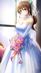 Rule 34 | 1girl, bouquet, breasts, bridal veil, brown eyes, brown hair, choker, cleavage, closed mouth, collarbone, doukyuusei, doukyuusei another world, dress, elbow gloves, flower, game cg, gloves, hair between eyes, hair flower, hair ornament, hair ribbon, high ponytail, holding, holding bouquet, large breasts, long dress, long hair, looking at viewer, official art, pink flower, purple flower, ribbon, sleeveless, sleeveless dress, smile, solo, standing, strapless, strapless dress, tanaka misa, veil, very long hair, wedding dress, white choker, white dress, white flower, white gloves, white ribbon