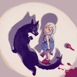 Rule 34 | 1girl, animal, blonde hair, blood, dress, female focus, from above, kaieda hiroshi, original, sandals, solo, tomato, wolf