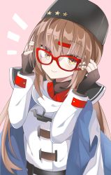 Rule 34 | 1girl, ^^^, bespectacled, black bow, black gloves, black hat, blue shawl, bow, brown eyes, brown hair, commentary request, fathom, fingerless gloves, fur hat, glasses, gloves, hair bow, hat, highres, jacket, kantai collection, long hair, low twintails, papakha, pink background, red-framed eyewear, scarf, shawl, smile, solo, tashkent (kancolle), torn clothes, torn scarf, twintails, upper body, white jacket, white scarf