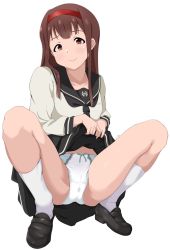 Rule 34 | 1girl, black footwear, bow, bow panties, brown eyes, brown hair, hair in own mouth, hairband, highres, honokakao, idolmaster, idolmaster million live!, idolmaster million live! theater days, lifted by self, long hair, mary janes, mouth hold, panties, school uniform, shoes, simple background, solo, spread legs, squatting, stained panties, tanaka kotoha, underwear, white background, white panties