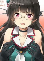 Rule 34 | 10s, 1girl, :d, artist name, bare shoulders, beret, black gloves, black hair, breasts, choker, choukai (kancolle), choukai kai ni (kancolle), collarbone, commentary request, dated, glasses, gloves, hand on own chest, hat, headgear, highres, kamelie, kantai collection, large breasts, one-hour drawing challenge, open mouth, smile, solo