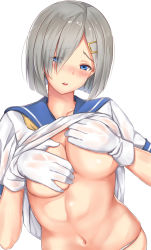 Rule 34 | 10s, 1girl, blue eyes, blush, breast hold, breasts, clothes lift, covering privates, covering breasts, eyes visible through hair, gloves, hair ornament, hair over one eye, hairclip, hamakaze (kancolle), highres, kantai collection, large breasts, looking at viewer, navel, neckerchief, no bra, open mouth, school uniform, see-through, serafuku, shirt lift, short hair, silver hair, solo, sweat, untue, wet, wet clothes, white gloves, yellow neckerchief