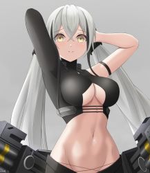 Rule 34 | 1girl, arm strap, arms up, bare shoulders, black shirt, breasts, cleavage, crop top, gaia (girls&#039; frontline), girls&#039; frontline, grey background, groin, hair between eyes, highres, keenh, large breasts, long hair, long sleeves, looking at viewer, midriff, multicolored hair, navel, parted lips, sangvis ferri, shirt, silver hair, simple background, single sleeve, solo, stomach, streaked hair, twintails, upper body, very long hair, yellow eyes