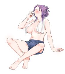 Rule 34 | 1girl, ahoge, barefoot, boyshort panties, breasts, choko (cup), cup, drinking, closed eyes, folded ponytail, highres, jun&#039;you (kancolle), kantai collection, large breasts, long hair, navel, panties, purple hair, shishanmo, simple background, solo, spiked hair, towel, towel around neck, underwear, underwear only, white background, white towel