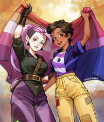 Rule 34 | 2girls, adelheid (moschiola), amity blight, belt, bisexual flag, breasts, brown belt, brown eyes, brown gloves, brown hair, commentary, dark-skinned female, dark skin, ear piercing, earrings, eyebrow cut, flag, gloves, highres, holding, holding flag, jar, jewelry, lesbian flag, luz noceda, medium breasts, multiple girls, necklace, open mouth, paint, pants, patchwork clothes, pendant, piercing, pink hair, ponytail, purple eyes, purple pants, shirt, smile, striped clothes, striped shirt, the owl house, triangle earrings, undercut, yellow eyes, yellow pants