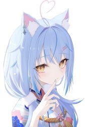 Rule 34 | 1girl, absurdres, ahoge, animal ear fluff, animal ears, blue hair, blue nails, blush, cat ears, closed mouth, commentary request, ear piercing, extra ears, finger to mouth, floral print, hair ornament, hairclip, hand up, heart, heart ahoge, highres, hololive, japanese clothes, kimono, long hair, looking at viewer, multicolored hair, nail polish, piercing, pointy ears, print kimono, simple background, solo, streaked hair, thomas 8000, upper body, virtual youtuber, white background, yellow eyes, yukihana lamy, yukihana lamy (new year)