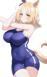 Rule 34 | 1girl, alternate costume, animal ears, blonde hair, blush, bouncing breasts, breasts, cleavage, commentary request, forehead, highres, horse ears, horse girl, horse tail, kibihimi, large breasts, looking at viewer, narita top road (umamusume), school swimsuit, simple background, smile, solo, split mouth, stretching, sweat, swimsuit, tail, tracen swimsuit, translation request, umamusume, white background, yellow eyes