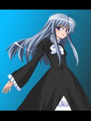 Rule 34 | 00s, 1girl, anzelotte, bad id, bad pixiv id, black dress, blue background, blush, bow, bowtie, dress, letterboxed, long sleeves, looking at viewer, night wizard, parted lips, puranaria, purple eyes, silver hair, simple background, smile, solo, white bow, white bowtie
