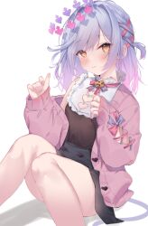 Rule 34 | 1girl, black skirt, blush, cardigan, closed mouth, commission, eip (pepai), frilled shirt, frills, gradient hair, heart, looking at viewer, multicolored hair, open cardigan, open clothes, orange eyes, pink cardigan, pink hair, sakuma lovey, shirt, simple background, sitting, skeb commission, skirt, sleeveless, sleeveless shirt, sleeves past wrists, snack nili, solo, tail, two side up, virtual youtuber, white background