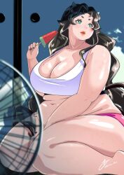 Rule 34 | 1girl, akina bbw, animal ears, aqua eyes, artist name, belly, between legs, black hair, black nails, blurry, blurry foreground, blush, breasts, character request, cleavage, closed mouth, collarbone, commentary request, commission, copyright request, electric fan, fat, feet out of frame, food, freckles, hand between legs, highres, holding, horns, large breasts, lips, long hair, looking away, navel, plump, popsicle, shadow, signature, sitting, skeb commission, solo, thick arms, thick eyebrows, thick thighs, thighs