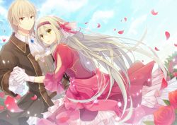 Rule 34 | 1boy, 1girl, ascot, blonde hair, blue sky, brown hair, brown jacket, buttons, closed mouth, cloud, cloudy sky, day, dress, flower, frilled dress, frilled sleeves, frills, gloves, gradient hair, hair between eyes, hairband, hetero, highres, hiiragi souren, holding hands, jacket, jewelry, long hair, long sleeves, looking at viewer, multicolored hair, original, outdoors, pendant, petals, pink dress, pink gloves, red eyes, sky, smile, very long hair, white gloves, white hair, yellow eyes