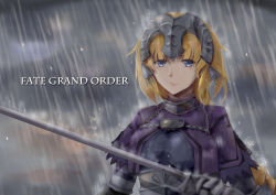Rule 34 | 1girl, absurdres, armor, armored dress, blonde hair, blue eyes, braid, breasts, dress, fate/apocrypha, fate/grand order, fate (series), gloves, headpiece, highres, holding, holding weapon, jeanne d&#039;arc (fate), jeanne d&#039;arc (ruler) (fate), long hair, looking at viewer, nantiao diudiu, necktie, rain, sad, serious, solo, standing, sword, very long hair, weapon