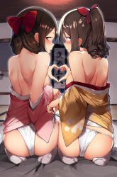 Rule 34 | 2girls, ass, back, bare shoulders, blue eyes, blush, bow, breasts, breath, brown hair, closed mouth, dress, floral print, futon, hair bow, hair over shoulder, harukaze (kancolle), hatakaze (kancolle), heart, heart hands, heart hands duo, indoors, japanese clothes, kantai collection, kimono, long hair, long sleeves, medium breasts, multiple girls, open mouth, orihi chihiro, panties, pink kimono, ponytail, profile, red bow, red eyes, ribbon, scroll, seiza, side-tie panties, sideboob, sidelocks, sitting, sweat, tabi, underwear, untying, wavy mouth, white legwear, white ribbon, wide sleeves, yellow kimono