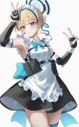 Rule 34 | 1girl, absurdres, apron, arm up, armpits, bare shoulders, belt, belt pouch, black dress, black gloves, blonde hair, blue archive, blue eyes, bow, bowtie, braid, bun cover, chie (user snfh8333), closed mouth, cowboy shot, double v, dress, earpiece, elbow gloves, expressionless, fingerless gloves, frilled apron, frilled dress, frills, gloves, halo, hand up, highres, looking at viewer, maid, maid apron, maid headdress, pouch, short dress, short hair, sidelocks, sleeveless, sleeveless dress, solo, thigh strap, thighs, toki (blue archive), v, wing collar