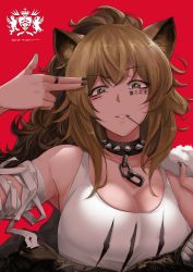 Rule 34 | 1girl, absurdres, animal ear fluff, animal ears, arknights, bandaged arm, bandages, bang telex, black nails, breasts, brown hair, chain, choker, finger gun, finger gun to head, fur trim, head tilt, highres, in mouth, jacket, large breasts, lion ears, lion girl, looking at viewer, nail polish, off shoulder, parted lips, red background, siege (arknights), solo, spiked choker, spikes