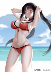 Rule 34 | 1girl, armpits, arms behind head, bikini, black hair, blue eyes, blue sky, breasts, cloud, commentary, cowboy shot, day, english commentary, covered erect nipples, front-tie top, gluteal fold, highres, horizon, large breasts, layered bikini, long hair, navel, red bikini, sky, solo, standing, summon night, summon night 5, swimsuit, twintails, yeng-hua, zasshu