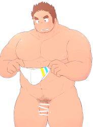 Rule 34 | 1boy, 3c pan, abs, bar censor, bara, belly, blush, brown hair, censored, completely nude, cowboy shot, facial hair, facial scar, flaccid, flustered, highres, holding, holding clothes, holding swimsuit, large pectorals, long sideburns, male focus, male pubic hair, male swimwear, muscular, muscular male, navel, nipples, nude, pectorals, penis, pubic hair, scar, scar on cheek, scar on face, short hair, sideburns, solo, spiked hair, stomach, stubble, swim briefs, swimsuit, tamamura gunzo, thick eyebrows, thick thighs, thighs, tokyo houkago summoners, white male swimwear