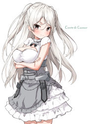 Rule 34 | 1girl, blush, breasts, brown eyes, character name, cleavage, cleavage cutout, closed mouth, clothing cutout, conte di cavour (kancolle), conte di cavour nuovo (kancolle), cowboy shot, dress, frilled dress, frills, grey dress, highres, kantai collection, large breasts, layered dress, long hair, short sleeves, silver hair, simple background, solo, takanashi kei (hitsujikan), two-tone dress, two side up, white background, white dress