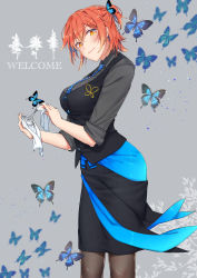 Rule 34 | 1girl, absurdres, alternate costume, breasts, bug, butterfly, butterfly hair ornament, chumugi, cleaning, cocktail glass, cup, drinking glass, fate/grand order, fate (series), fujimaru ritsuka (female), hair ornament, highres, insect, james moriarty (archer) (fate), large breasts, looking at viewer, necktie, orange eyes, orange hair, pantyhose, skirt, solo, vest