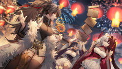 Rule 34 | 3girls, :d, absurdres, ahoge, azur lane, bare shoulders, black hair, black thighhighs, blurry, blurry background, bodystocking, box, breasts, chao ho (azur lane), chinese clothes, cleavage cutout, clothing cutout, coat, cone hair bun, dango, double bun, fireworks, food, fur-trimmed coat, fur trim, gold hairband, gold trim, hair between eyes, hair bun, hairband, harbin (azur lane), highres, holding, holding box, holding food, jewelry, lantern, large breasts, long hair, multicolored hair, multiple girls, necklace, open mouth, ponytail, purple eyes, rff (3 percent), sideboob, smile, split-color hair, thighhighs, thighs, very long hair, wagashi, ying swei (azur lane), zettai ryouiki