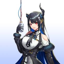 Rule 34 | 1girl, asymmetrical horns, belt, black belt, black dress, black hair, blue hair, collared shirt, colored inner hair, demon horns, dress, highres, holding, holding microphone, hololive, hololive english, horns, looking at viewer, microphone, mole, mole under eye, multicolored hair, nerissa ravencroft, nerissa ravencroft (1st costume), red eyes, shirt, simonz1987, smile, solo, virtual youtuber, white background