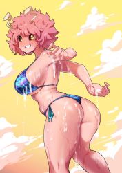 Rule 34 | 10s, 1girl, armpits, ashido mina, ass, bare arms, bare shoulders, bikini, black sclera, boku no hero academia, breasts, colored sclera, colored skin, female focus, hip focus, horns, kenron toqueen, large breasts, looking at viewer, medium hair, messy hair, open mouth, pink hair, pink skin, sideboob, smile, solo, steam, suggestive fluid, swimsuit, upper body, yellow eyes