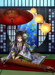 Rule 34 | 1girl, animal ears, black hair, blacksio, bug, butterfly, cat ears, cat girl, fish, highres, insect, instrument, japanese clothes, kimono, koto (instrument), long hair, mask, mask on head, oil-paper umbrella, oni mask, original, smile, solo, umbrella, wide sleeves, yellow eyes