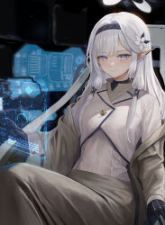 Rule 34 | 1girl, doodle sensei (blue archive), black gloves, blanket, blue archive, blurry, blurry background, closed mouth, commentary, gloves, halo, highres, himari (blue archive), hologram, holographic interface, jacket, long hair, long sleeves, looking at viewer, mole, mole under eye, parted bangs, pointy ears, purple eyes, sensei (blue archive), shirt, sitting, smile, solo, sunj000, wheelchair, white hair, white halo, white jacket, white shirt