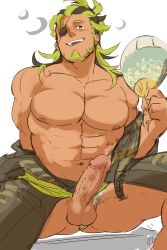 Rule 34 | 1boy, abs, bara, bare pectorals, beard, black hair, clothing aside, come hither, dark-skinned male, dark skin, erection, facial hair, fundoshi, fundoshi aside, green hair, hand fan, head tilt, highres, holding, holding fan, japanese clothes, kimono, large pectorals, leon (world flipper), looking at viewer, male focus, male pubic hair, mature male, multicolored hair, muscular, muscular male, navel, nipples, nude, official alternate costume, open clothes, open kimono, pectorals, penis, piikeisandaa, pubic hair, seductive smile, short hair, smile, solo, spread legs, stomach, thighs, two-tone hair, uncensored, unfinished, world flipper