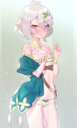 Rule 34 | 1girl, animal ears, antenna hair, bare shoulders, bikini, blush, breasts, cameltoe, unworn clothes, from side, gradient background, green bikini, hair between eyes, hair ornament, kokkoro (princess connect!), looking at viewer, micro bikini, navel, pointy ears, princess connect!, purple eyes, short hair, silver hair, small breasts, solo, subachi, swimsuit, wavy mouth