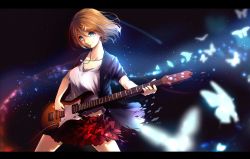 Rule 34 | 1girl, black border, blonde hair, blue eyes, border, bug, butterfly, female focus, framed, guitar, hair ornament, hairpin, bug, instrument, jacket, jewelry, kagamine rin, lancefate, necklace, short hair, skirt, smile, solo, vocaloid