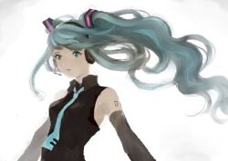 Rule 34 | 1girl, absurdres, between breasts, black shirt, blue eyes, blue hair, blue necktie, breasts, collared shirt, commentary request, detached sleeves, expressionless, floating hair, hair ornament, hatsune miku, headset, highres, ito (silva), long hair, looking ahead, medium breasts, necktie, necktie between breasts, no lineart, number tattoo, open mouth, shirt, shoulder tattoo, simple background, sleeveless, sleeveless shirt, solo, tattoo, twintails, upper body, vocaloid, white background