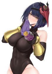 Rule 34 | 1girl, abs, absurdres, bird mask, black gloves, black hair, black leotard, bracer, breasts, covered navel, deroo, elbow gloves, genshin impact, glass bottle, gloves, highres, kujou sara, large breasts, leotard, looking at viewer, mask, mask on head, short hair, simple background, sleeveless, solo, sweat, swept bangs, towel, white background, yellow eyes