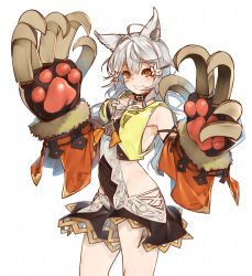 Rule 34 | 1girl, :3, animal ears, animal hands, antenna hair, bell, blush, breasts, cat ears, cat paws, claw (weapon), claws, collar, cowboy shot, erune, flower, gloves, granblue fantasy, hair between eyes, hair flower, hair ornament, hip vent, kochiya (gothope), long hair, looking at viewer, medium breasts, neck bell, orange eyes, paw gloves, sen (granblue fantasy), silver hair, solo, standing, weapon, white background