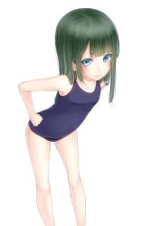 Rule 34 | 1girl, blue eyes, green hair, highres, leaning forward, long hair, looking at viewer, noppi (noppi 98), one-piece swimsuit, original, school swimsuit, simple background, solo, swimsuit