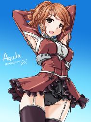 Rule 34 | 1girl, :d, aquila (kancolle), armpit cutout, armpits, arms behind head, arms up, black panties, black thighhighs, blue background, blush, breasts, brown eyes, character name, clothing cutout, cowboy shot, dated, dress, frills, garter straps, gradient background, groin, kantai collection, legs together, looking at viewer, medium breasts, open mouth, orange hair, panties, ponytail, red dress, short hair, showgirl skirt, side-tie panties, signature, smile, solo, standing, swimsuit, tareme, tatsumi ray, thighhighs, underbust, underwear