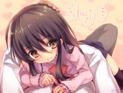 Rule 34 | 1girl, black hair, black thighhighs, blush, brown eyes, hand on another&#039;s head, kotsu, looking at viewer, lying on person, pov, ribbon-trimmed sleeves, ribbon trim, shakugan no shana, shana, thighhighs, translated