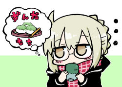 Rule 34 | ..., 1girl, artoria pendragon (fate), black-framed eyewear, black jacket, blush stickers, braid, brown eyes, chibi, closed mouth, commentary request, cup, fate/grand order, fate (series), food, glasses, green background, hair between eyes, holding, holding cup, hood, hood down, hooded jacket, jacket, kasuga yuuki, light brown hair, long sleeves, looking away, looking to the side, mochi, mysterious heroine x alter (fate), mysterious heroine x alter (first ascension) (fate), plaid, plaid scarf, red scarf, scarf, solo, thought bubble, translation request, tray, two-tone background, upper body, white background, yunomi