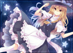 Rule 34 | 1girl, apron, bad id, bad pixiv id, blonde hair, bow, braid, framed, hair bow, hat, hat bow, kirisame marisa, long sleeves, looking at viewer, miiko (somnolent), puffy sleeves, shirt, short sleeves, single braid, skirt, skirt set, smile, solo, star (symbol), thighhighs, touhou, vest, waist apron, white thighhighs, witch hat, yellow eyes, zettai ryouiki