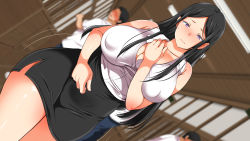 Rule 34 | 1girl, bare arms, between breasts, black hair, black skirt, blush, breasts, cleavage, closed mouth, cowboy shot, dutch angle, embarrassed, highres, indoors, kotosanomaa, large breasts, legs, legs together, long hair, looking at viewer, maron maron (circle), mushi sezaru wo enu machi...!, original, pencil skirt, puffy areolae, purple eyes, shirt, skirt, sleeveless, solo focus, standing, thighs, walking, white shirt