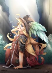 Rule 34 | 1girl, blonde hair, blue eyes, blush, el (canon jihad), feathers, helmet, long hair, looking at viewer, lyza (made in abyss), made in abyss, open mouth, pith helmet, short sleeves, sitting, smile, solo, very long hair, wavy hair, whistle