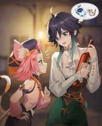 Rule 34 | 0jae, 1boy, 1girl, alcohol, anger vein, angry, animal ear fluff, animal ears, aqua eyes, aqua hair, bare shoulders, black hair, blue eyes, blue hair, blurry, blurry background, blush, bottle, braid, cabbie hat, cat, cat ears, cat girl, cat tail, collared shirt, diona (genshin impact), frilled sleeves, frills, genshin impact, gradient hair, green eyes, green shorts, hair between eyes, hat, highres, holding, holding bottle, long hair, long sleeves, looking at another, multicolored hair, open mouth, pink hair, shirt, short hair, short hair with long locks, shorts, sidelocks, smile, sweatdrop, tail, thought bubble, venti (genshin impact), white shirt, wine bottle