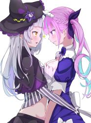 Rule 34 | 2girls, ahoge, anchor symbol, bad id, bad twitter id, blue hair, blunt bangs, braid, breasts, cleavage, colored inner hair, commentary request, face-to-face, french braid, from side, hat, highres, hitsujisnow, hololive, long hair, long sleeves, maid headdress, midriff, minato aqua, minato aqua (1st costume), multicolored hair, multiple girls, murasaki shion, murasaki shion (1st costume), open mouth, pink eyes, pink tail, profile, puffy short sleeves, puffy sleeves, short sleeves, sidelocks, silver hair, star (symbol), streaked hair, two-tone hair, upper body, virtual youtuber, white background, witch hat, yellow eyes, yuri