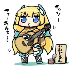 Rule 34 | 1girl, acoustic guitar, angela balzac, blue eyes, blush, bodysuit, chibi, eyebrows, full body, guitar, headgear, holding, holding instrument, instrument, long hair, low twintails, motion lines, music, playing instrument, poncho, puckered lips, rakuen tsuihou, serizawa enono, shadow, sign, simple background, solo, standing, tin can, translation request, twintails, very long hair, white background