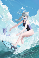 Rule 34 | 1girl, absurdres, animal ear fluff, animal ears, barefoot, black one-piece swimsuit, blue archive, blue sky, blunt bangs, breasts, cloud, cloudy sky, commentary request, competition swimsuit, cross hair ornament, day, earrings, fieryonion, fish, fish in mouth, full body, green eyes, grey hair, hair ornament, halo, highres, jewelry, long hair, looking at viewer, mismatched pupils, mouth hold, ocean, official alternate costume, one-piece swimsuit, outdoors, ponytail, shiroko (blue archive), shiroko (swimsuit) (blue archive), sky, small breasts, solo, standing, stud earrings, surfing, swimsuit, swordfish, thighs, wolf ears