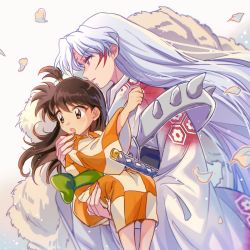 Rule 34 | 1boy, 1girl, armor, brown eyes, brown hair, carrying, checkered clothes, checkered kimono, child, claws, demon boy, facial mark, falling petals, fingernails, forehead mark, grey background, hand on another&#039;s shoulder, inuyasha, japanese clothes, katana, kimono, long fingernails, long hair, looking to the side, open mouth, orange kimono, petals, pointy ears, princess carry, rin (inuyasha), sesshoumaru, sharp fingernails, shoulder armor, shoulder spikes, side ponytail, spikes, suzuki (2red moon3), sword, very long hair, weapon, white fur, white hair, yellow eyes