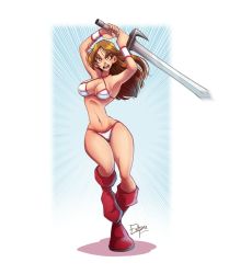 Rule 34 | 1girl, amazon warrior, armpits, arms up, artist name, bikini, boots, breasts, brown eyes, brown hair, cleavage, curvy, enkaru, golden axe, highres, hip bones, large breasts, long hair, navel, open mouth, sega, shiny skin, swimsuit, sword, thick thighs, thighs, tyris flare, weapon, wide hips