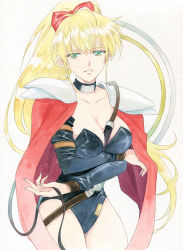 Rule 34 | 1girl, agahari, armor, blonde hair, bow, breast hold, breasts, cape, choker, cleavage, dill purslane, earrings, hair bow, jewelry, large breasts, leotard, long hair, next king, pauldrons, ponytail, shoulder armor, solo, strap, traditional media, very long hair, whip
